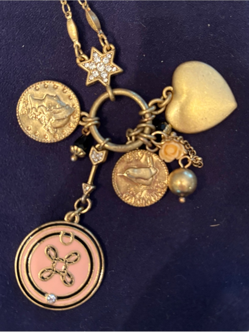 CAbi Gold-Tone Charm Necklace with Pink Enamel Medallion